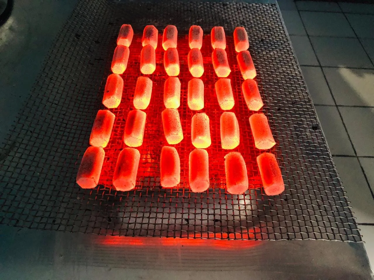 Charcoal briquettes on a mesh